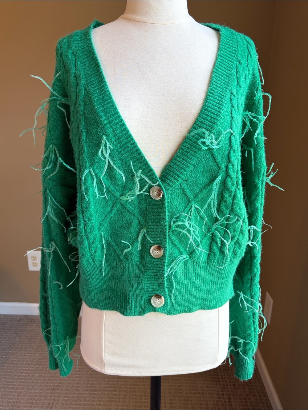 Nasty Gal Green Cable V-Neck Feather Cardigan, Large, Avant Garde Whimsigoth